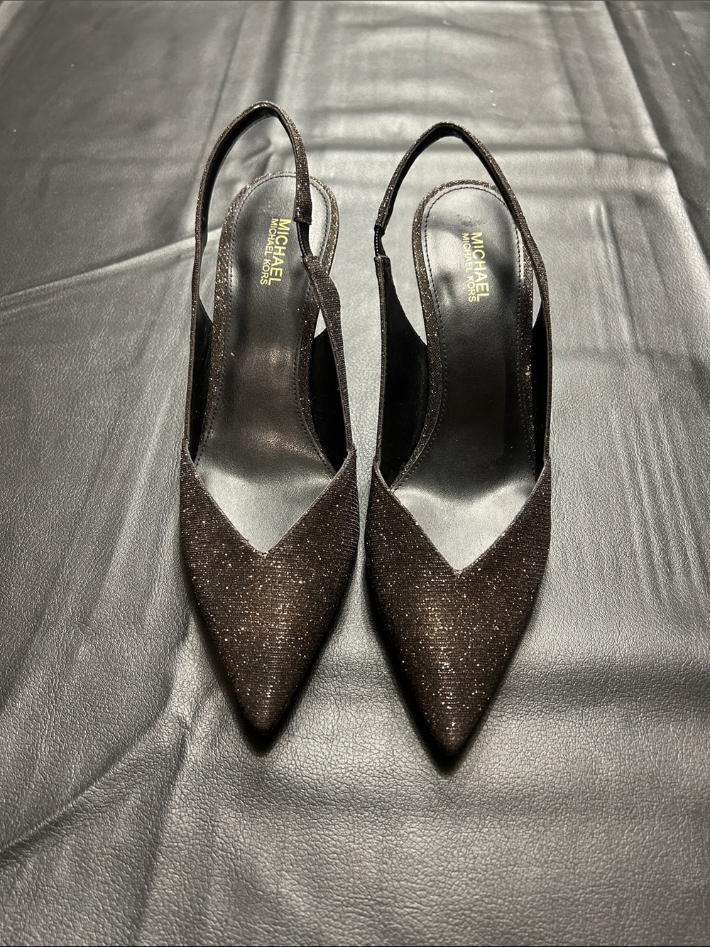Michael Kors Chelsea Slingback Heels Size 7M Black Gold Shimmer Pointed Toe Pump